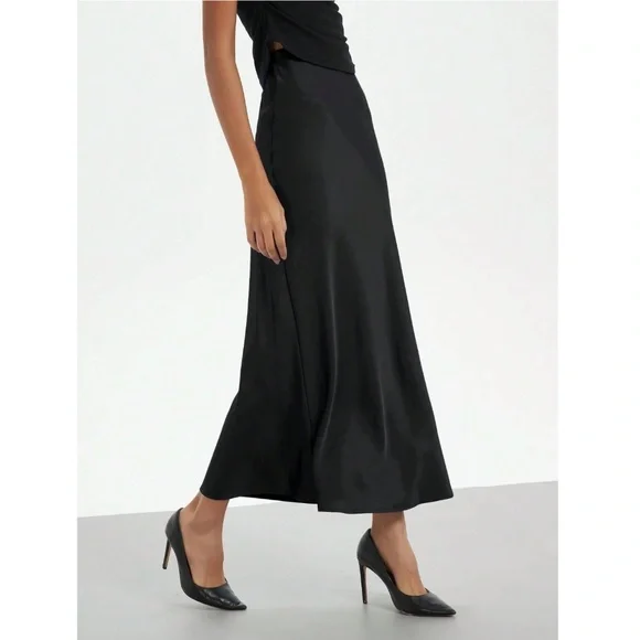 Black Satin A-Line Skirt High Waisted Long - Picture 7 of 14